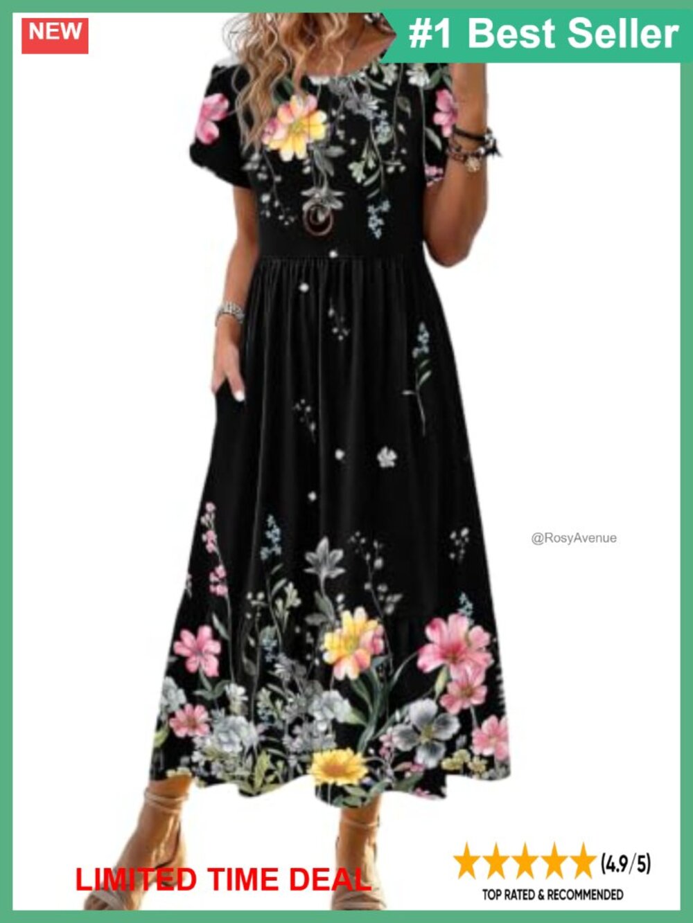 Women's Midi A-Line Dress Short Sleeve Tiered Flowy Sundress with Pockets